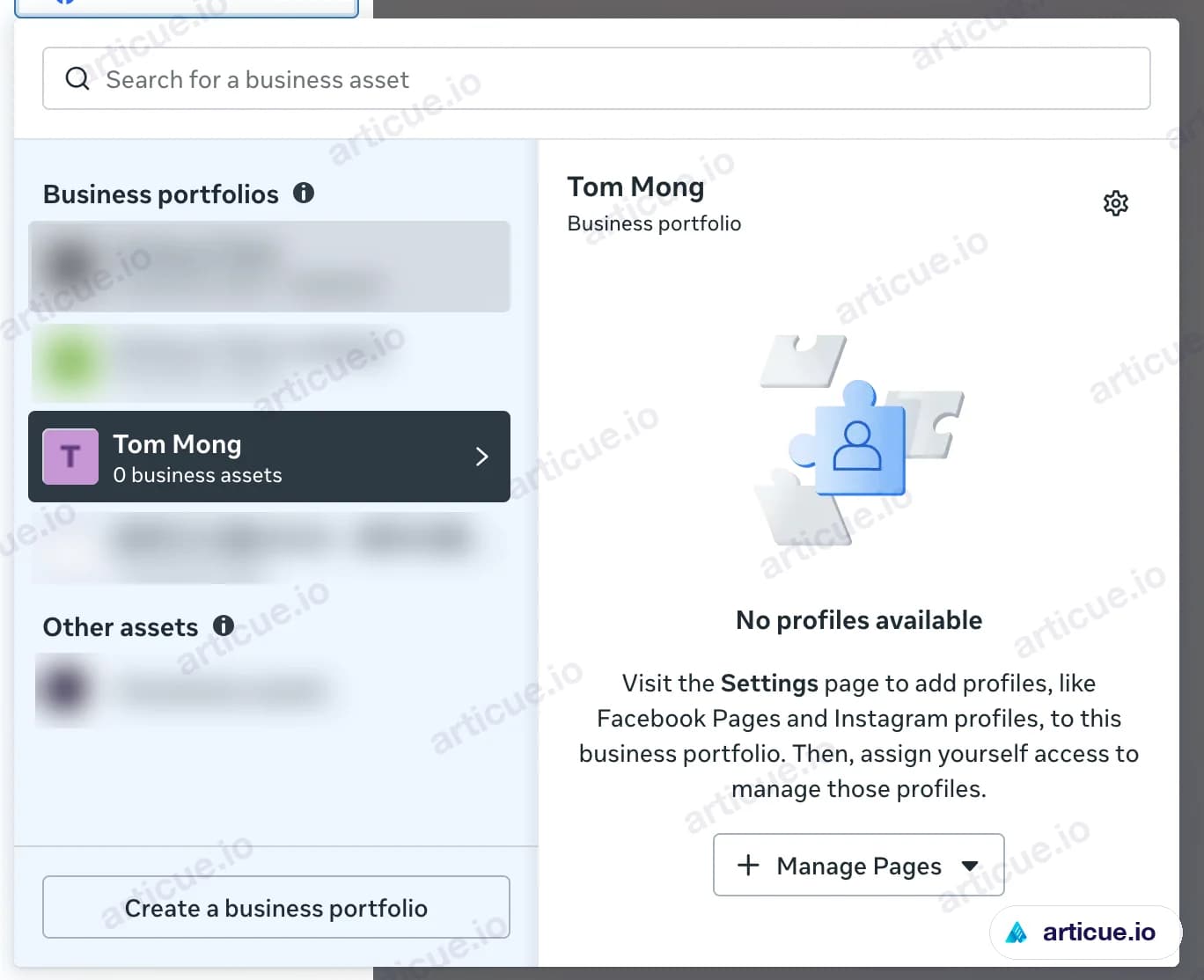 Meta Business Suite 選擇 Business portfolio，右側顯示 No profiles available 及 Manage Pages 按鈕