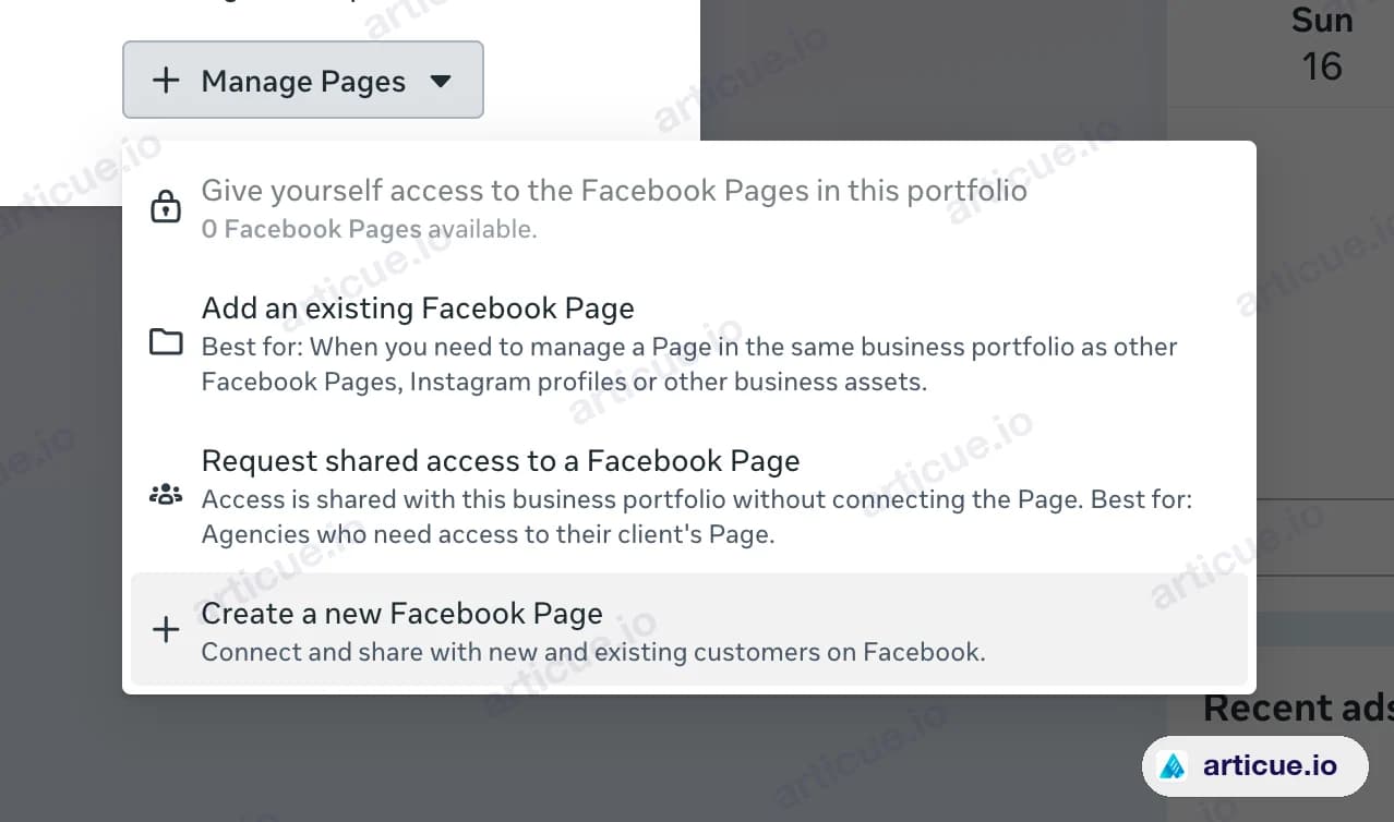Manage Pages 下拉選單中的 Create a new Facebook Page 選項