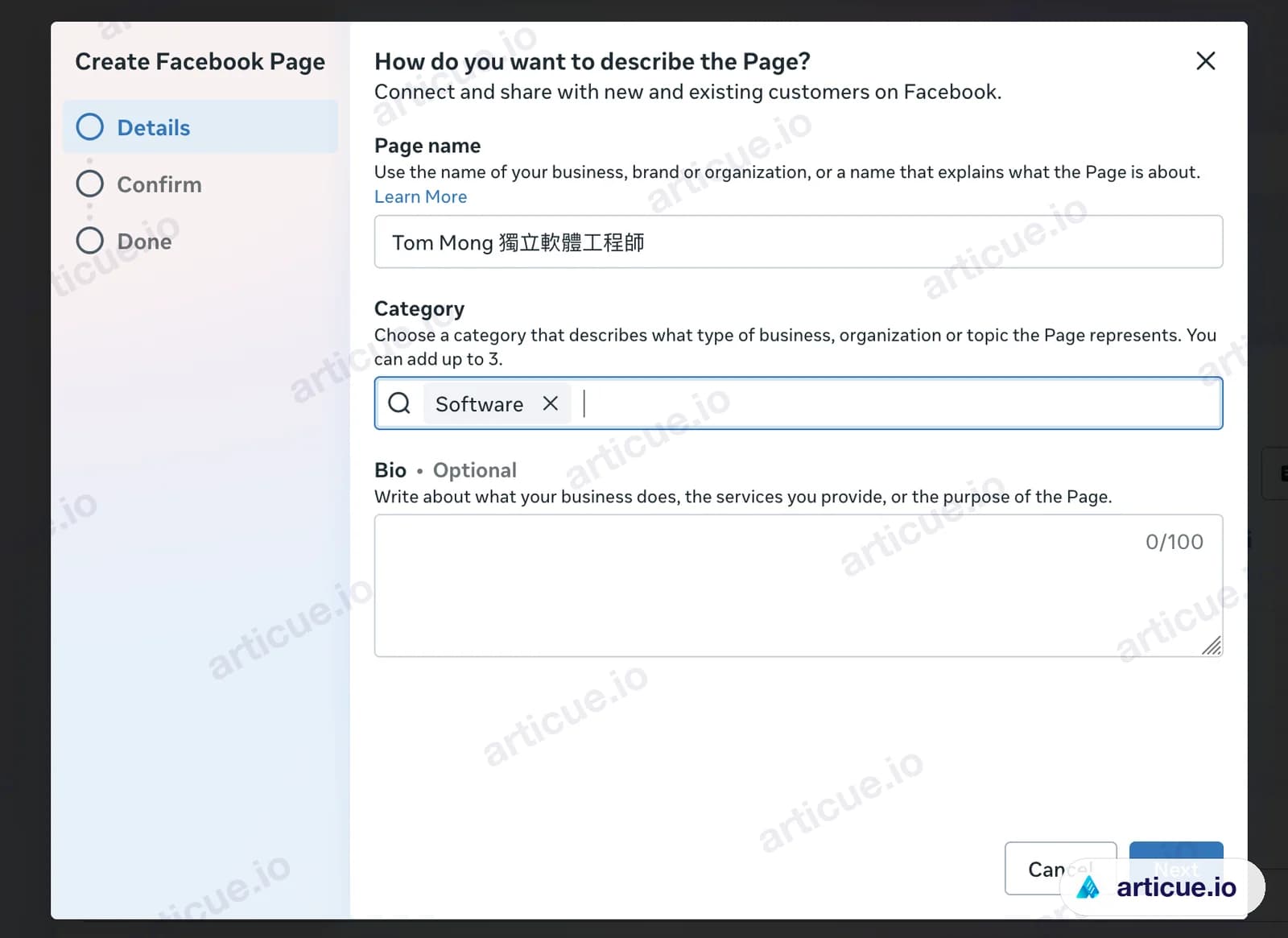 Create Facebook Page 視窗：輸入專頁名稱及類別（Category）