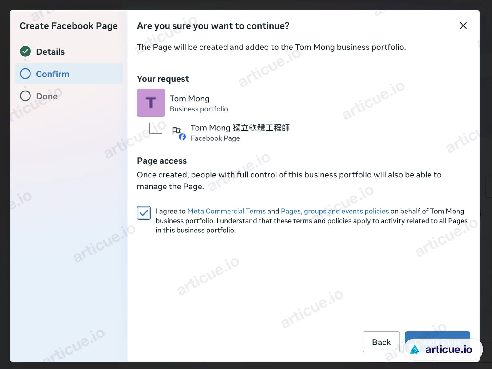 確認建立 Facebook 專頁，剔選同意 Meta Commercial Terms 後按 Create Page