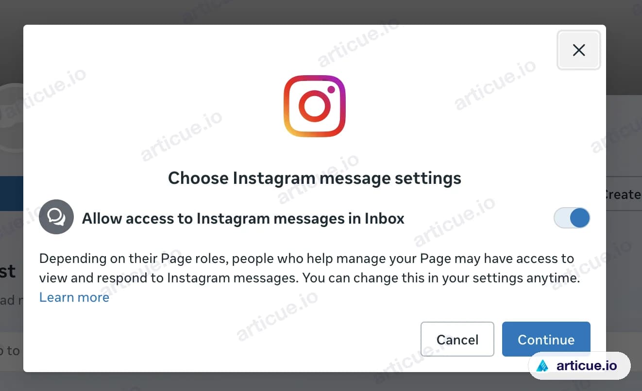 Choose Instagram message settings：開啟 Allow access to Instagram messages in Inbox